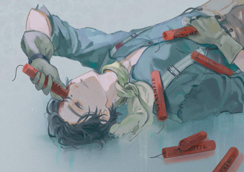 1boy, ascot, black_eyes, black_hair, bridge_piercing, brown_pants, face_piercing, gloves