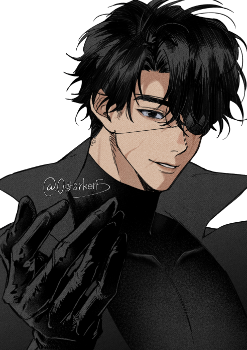 1boy, a4895star, black_coat, black_eyes, black_gloves, black_hair, coat, crew_neck