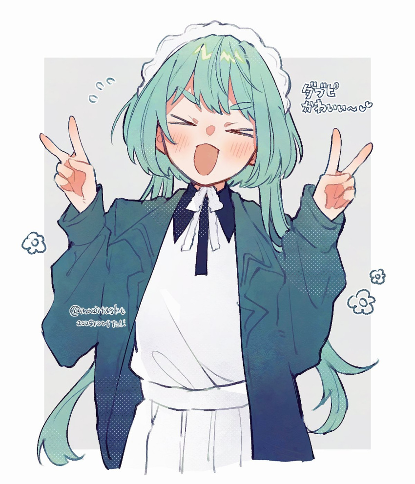 1girl, bag, blush, charm_(object), closed_eyes, green_hair, hair_ornament, highres, holding, jacket, kumugi_(madan_no_ichi), long_hair, long_sleeves, looking_at_viewer, madan_no_ichi, mazitaskt, official_alternate_costume, open_mouth, shirt, shoes, shoulder_bag, skirt, socks, translation_request, twintails, twitter_username, v