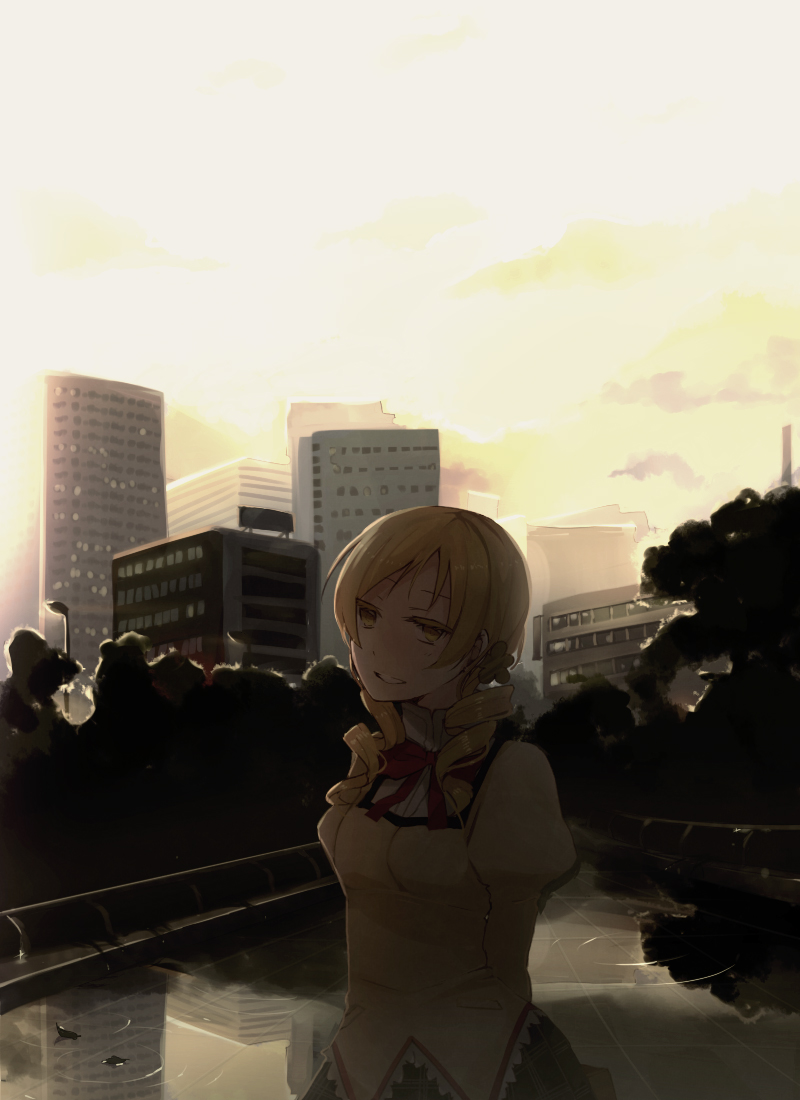 bad_id, blonde_hair, building, cityscape, cloud, clouds, drill_hair, hair_ornament