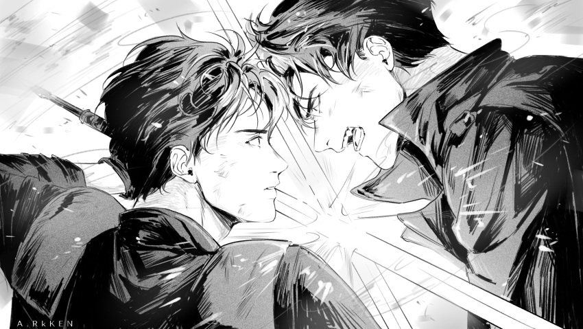 2boys, a4895star, absurdres, angry, black_coat, black_eyes, black_hair, coat