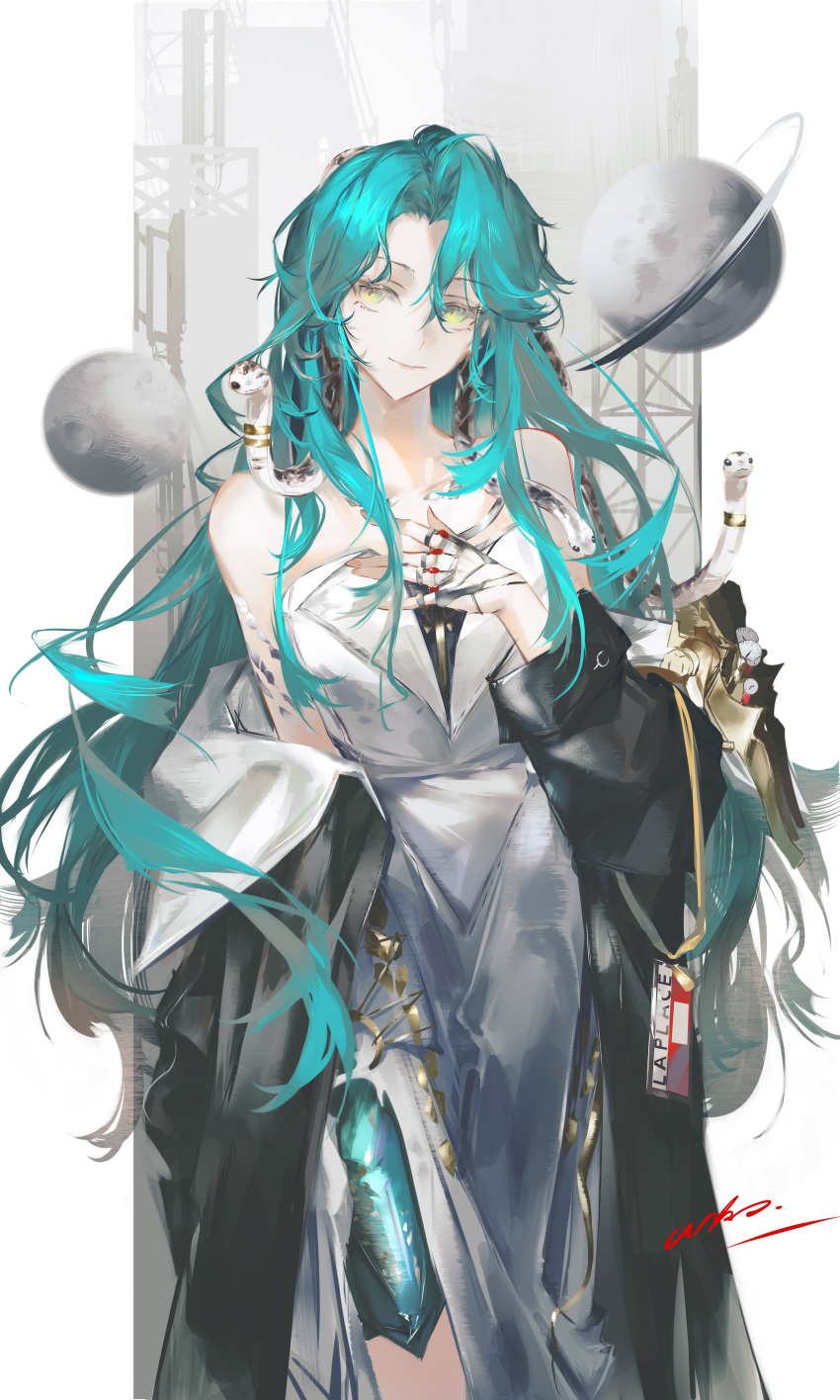 1girl, absurdres, anko_(renzao19823), black_coat, blue_hair, closed_mouth, coat, cowboy_shot, dress, green_eyes, grey_background, grey_dress, hand_on_own_chest, hand_up, highres, hissabeth, id_card, long_dress, long_hair, looking_at_viewer, off_shoulder, open_clothes, open_coat, planet, red_pupils, reverse:1999, side_slit, slit_pupils, smile, snake, snake_on_head, solo, strapless, strapless_dress, two-tone_background, very_long_hair, white_background