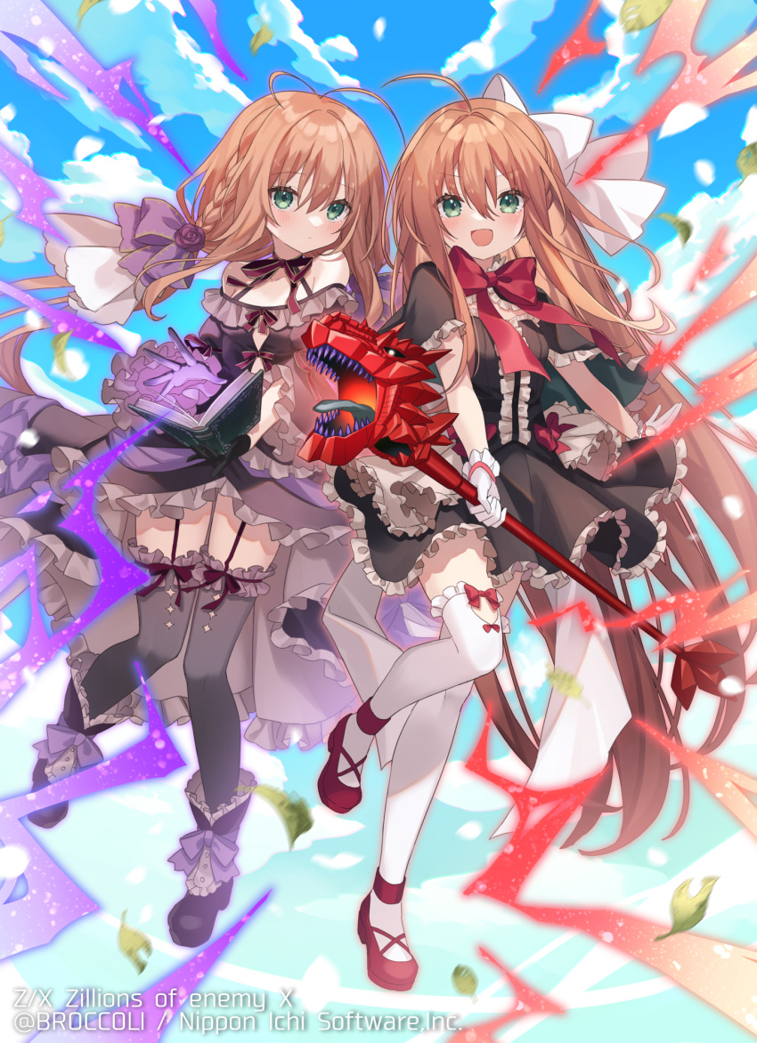2girls, ahoge, antenna_hair, black_dress, black_gloves, black_thighhighs, blue_sky, book