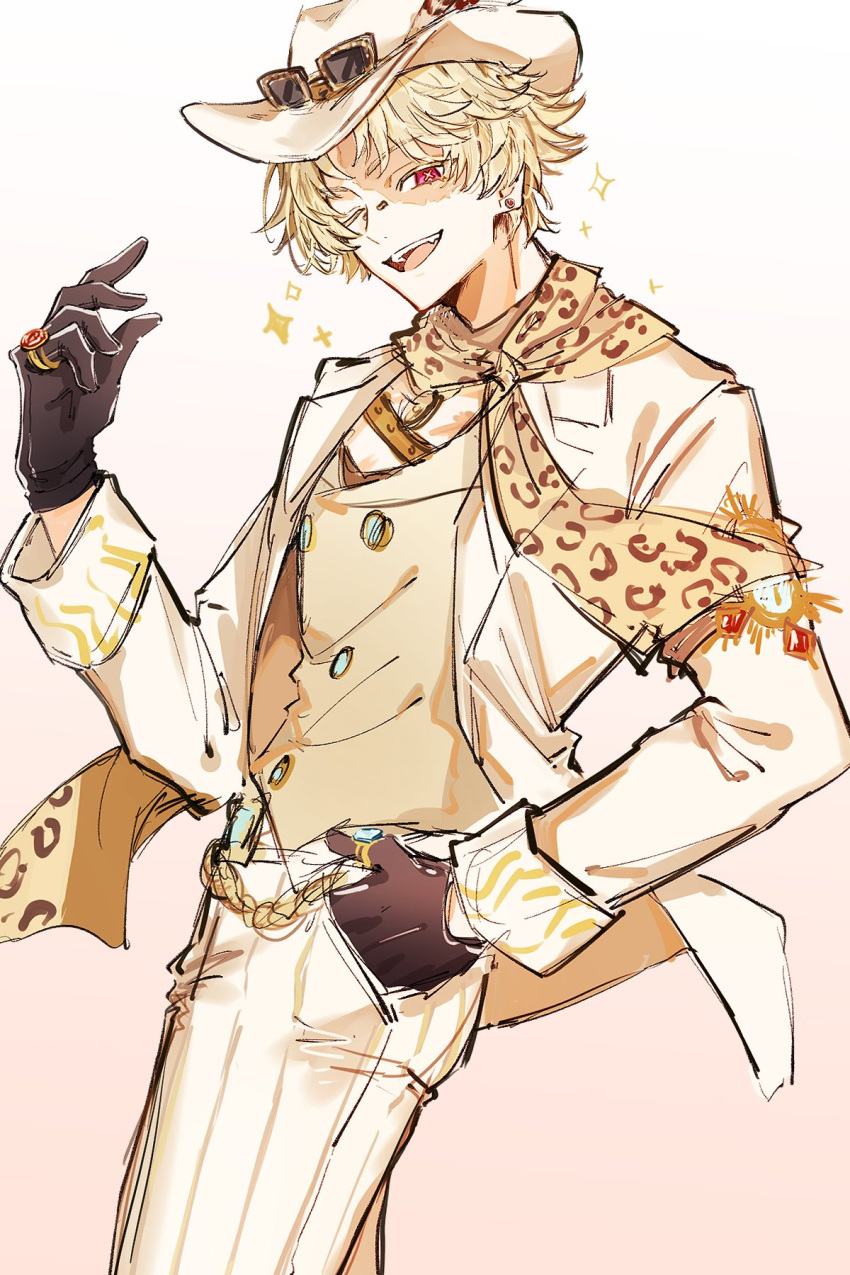 1boy, :d, animal_print, blonde_hair, bridge_piercing, chain, cowboy_hat, eyewear_on_headwear, face_piercing, fang, gloves, half_gloves, hand_in_pocket, hat, highres, identity_v, jacket, leopard_print, leopard_print_scarf, looking_at_viewer, male_focus, norton_campbell, norton_campbell_(dazzling_lone_wolf), one_eye_closed, pants, piercing, red_eyes, scar, scar_across_eye, scar_on_face, smile, sparkle, striped_clothes, striped_pants, user_enke5758, vest, white_hat, white_jacket, white_pants, yellow_vest