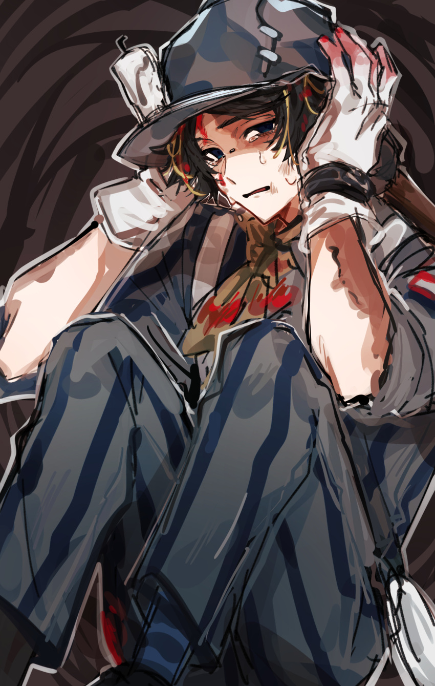 1boy, ascot, black_eyes, blue_pants, bridge_piercing, crying, face_piercing, gloves