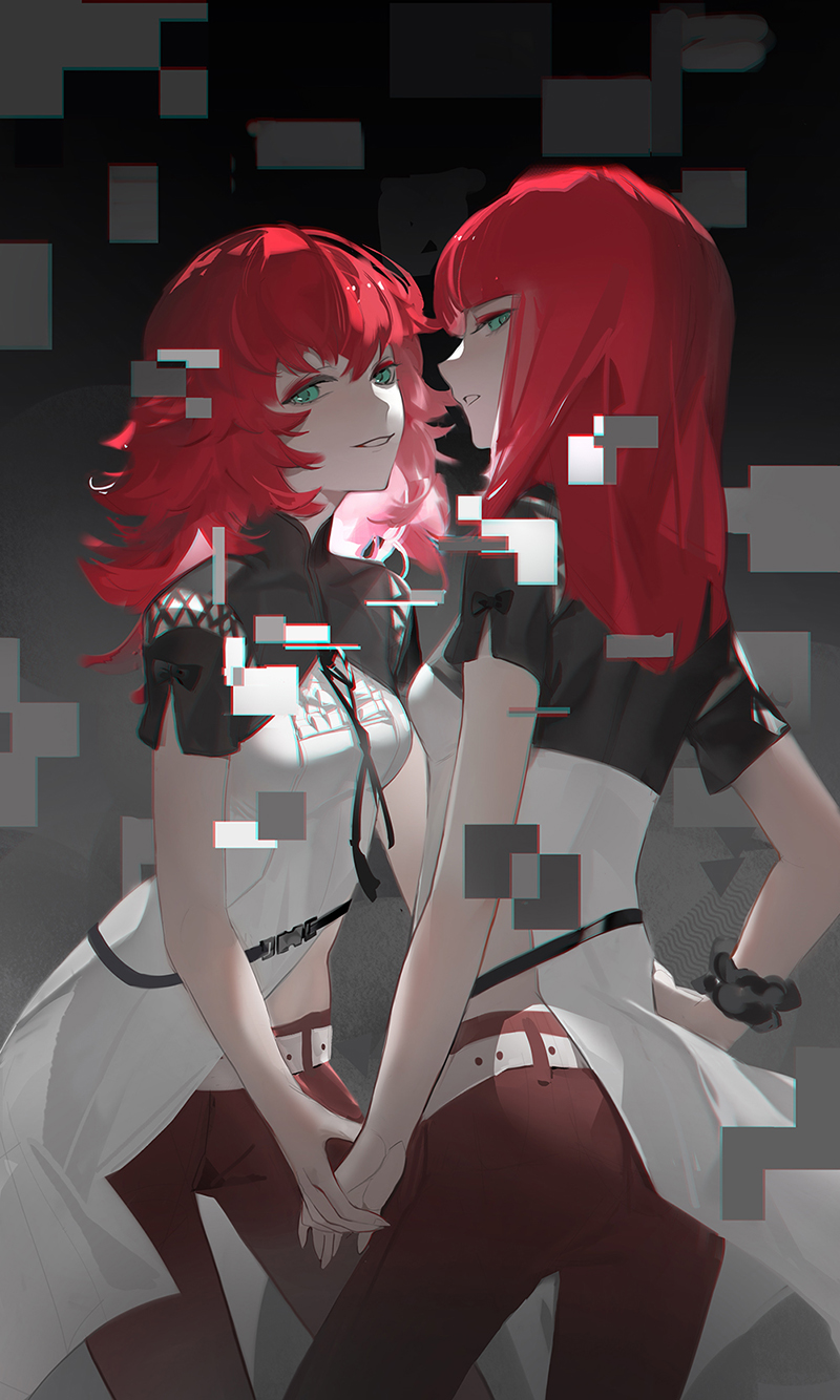 2girls, belt, breasts, chanc030, cowboy_shot, devola, digital_dissolve, green_eyes, highres, long_hair, medium_breasts, messy_hair, multiple_girls, nier:automata, nier_(series), pants, parted_lips, popola, red_hair, red_pants, scrunchie, short_sleeves, siblings, sisters, twins, white_belt, wrist_scrunchie