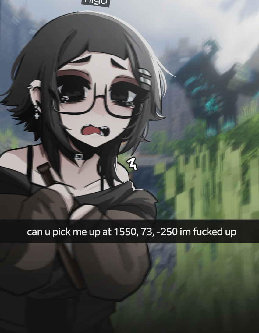 1girl, absurdres, black-framed_eyewear, black_eyes, black_hair, black_shirt, blurry, blurry_background