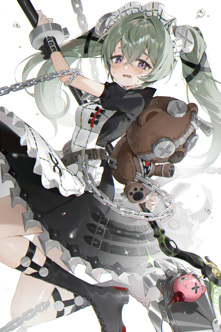 1girl, absurdres, animal_bag, apron, bear_bag, belt, black_boots, black_bow