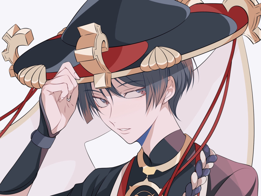 1boy, adam's_apple, armor, black_bodysuit, black_hat, blunt_ends, bodysuit, brown_hair, eyelashes, fingernails, genshin_impact, gold, grey_eyes, grey_hair, hand_up, hat, highres, japanese_armor, japanese_clothes, jewelry, jingasa, juban, ki_(01ki), kimono, kote, kurokote, looking_at_viewer, male_focus, mandarin_collar, multicolored_hair, neck_ring, open_mouth, portrait, purple_rope, red_hat, red_kimono, rope, scaramouche_(genshin_impact), shimenawa, solo, streaked_hair, tsurime, two-tone_hat, veil, white_background, white_kimono, white_mouth, white_rope, white_veil