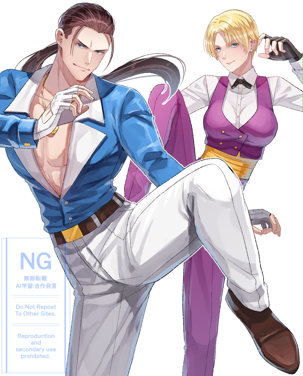 1boy, 1girl, aosa_(jmzg2528), belt, belt_buckle, black_bow, black_bowtie, black_gloves