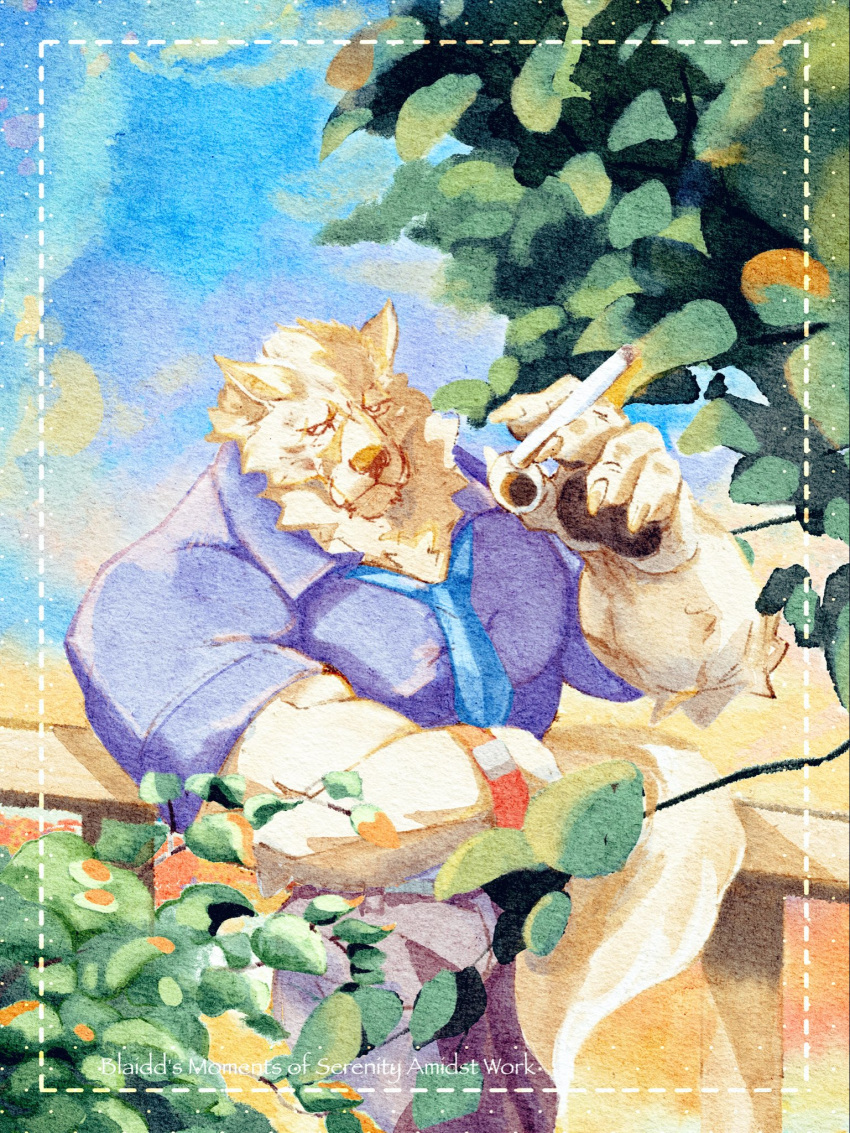 1boy, animal_ears, blaidd_the_half-wolf, blue_necktie, blue_shirt, blue_sky, cigarette, closed_mouth, elden_ring, english_commentary, english_text, fangs, fangs_out, fredbedder, furry, furry_male, highres, holding, holding_cigarette, looking_to_the_side, male_focus, necktie, scar, scar_on_face, shirt, sky, smoking, tree, wolf_boy, wolf_ears