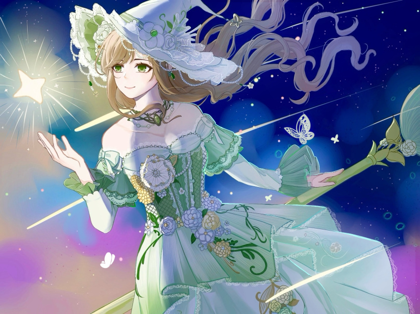 1girl, aurora, bare_shoulders, bead_necklace, beads, bow, broom, broom_riding