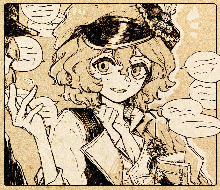 2girls, :d, collared_shirt, film_grain, hand_up, hat, highres, hunting_(reverse:1999)
