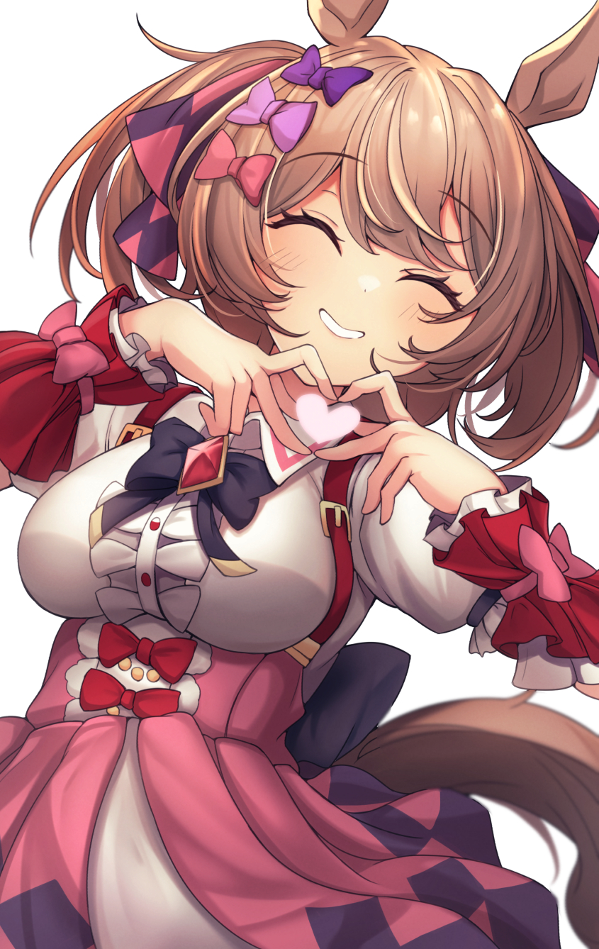 1girl, animal_ears, bow, breasts, brown_hair, center_frills, closed_eyes, commentary_request