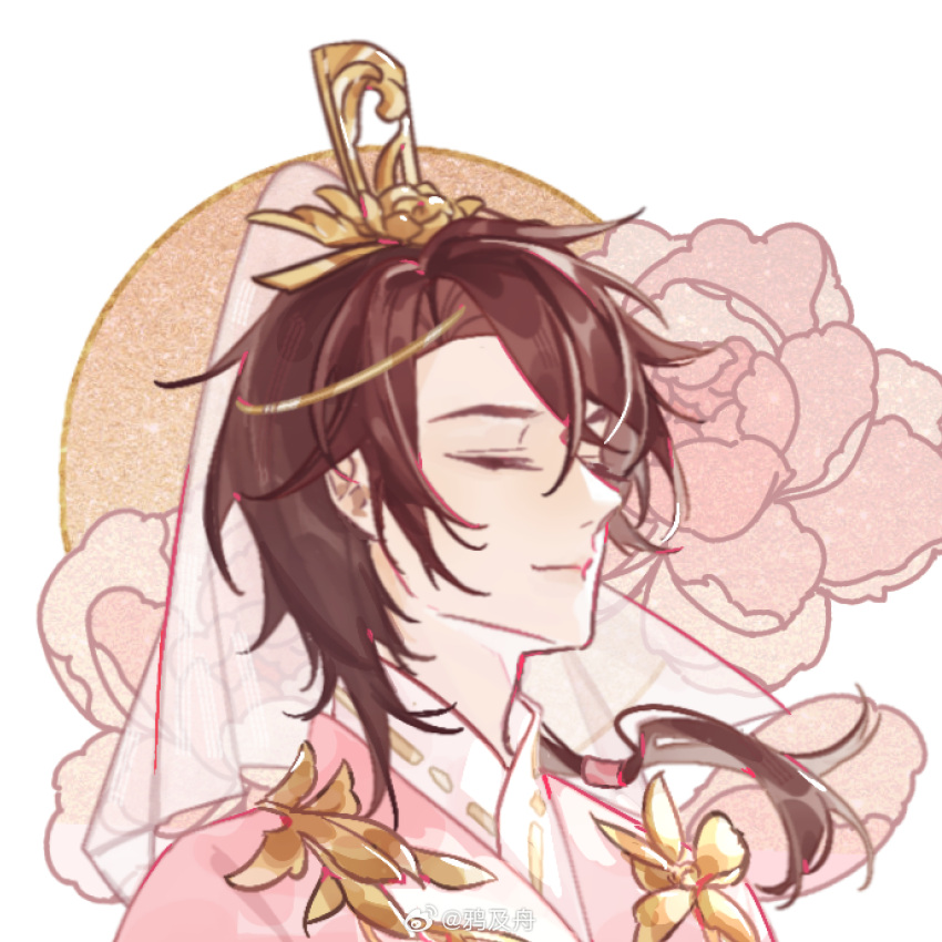 1boy, brown_hair, chinese_clothes, chinese_commentary, closed_eyes, closed_mouth, curtained_hair, floral_background