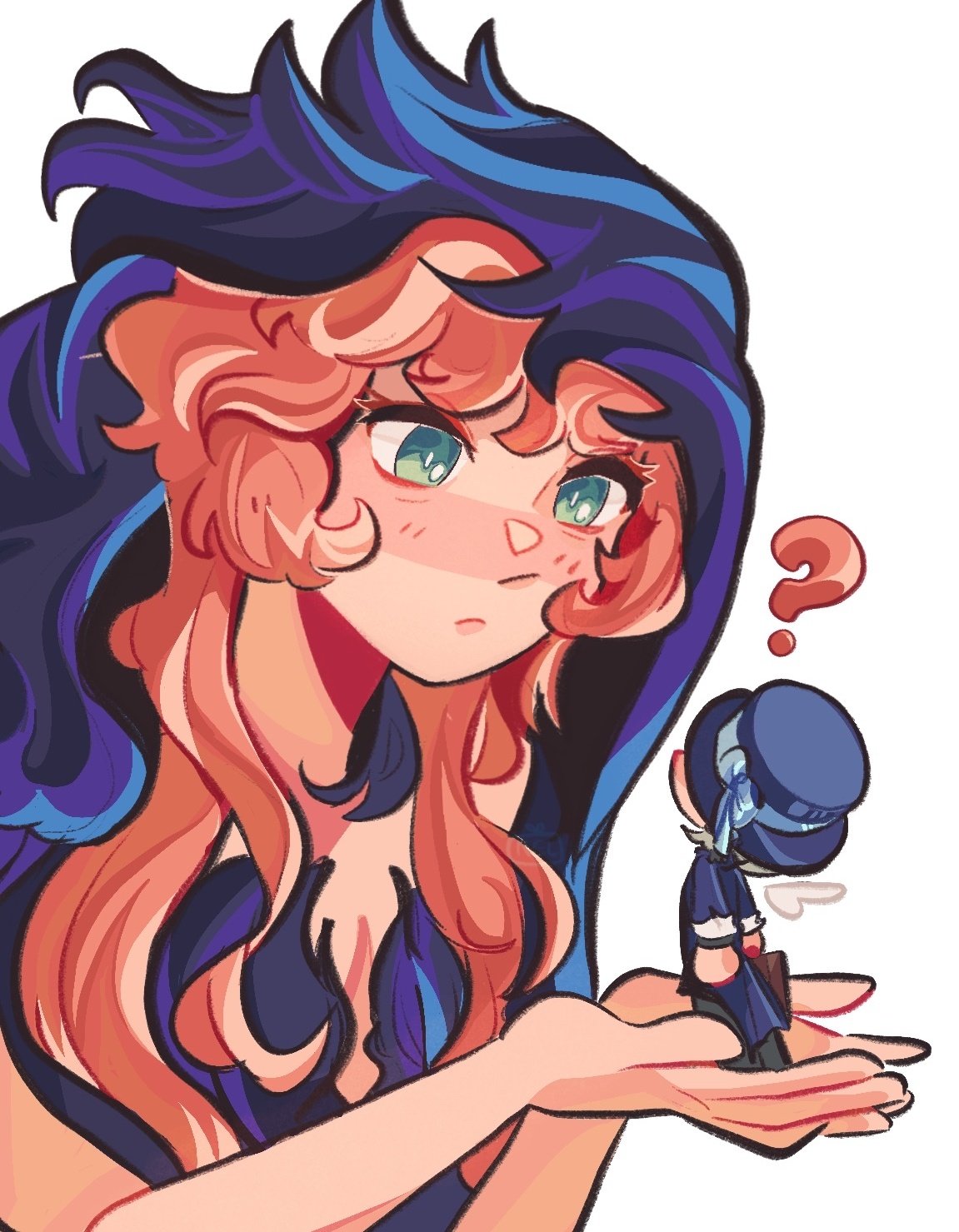 2girls, :/, ?, black_veil, blue_coat, blue_eyes, blue_hat, blue_veil