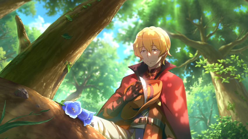 1boy, anime_coloring, belt, black_gloves, blonde_hair, blue_flower, brown_belt, brown_hair, brown_jacket, cape, closed_mouth, danmachi_battle_chronicle, dappled_sunlight, dungeon_ni_deai_wo_motomeru_no_wa_machigatteiru_darou_ka, feathers, flower, forest, from_below, game_cg, gloves, hair_between_eyes, hat, hat_feather, hat_on_chest, hermes_(danmachi), highres, holding, holding_unworn_clothes, holding_unworn_hat, jacket, male_focus, nature, non-web_source, official_alternate_costume, official_art, orange_eyes, red_cape, short_hair, smile, solo, sunlight, tree, unworn_hat, unworn_headwear, white_feathers