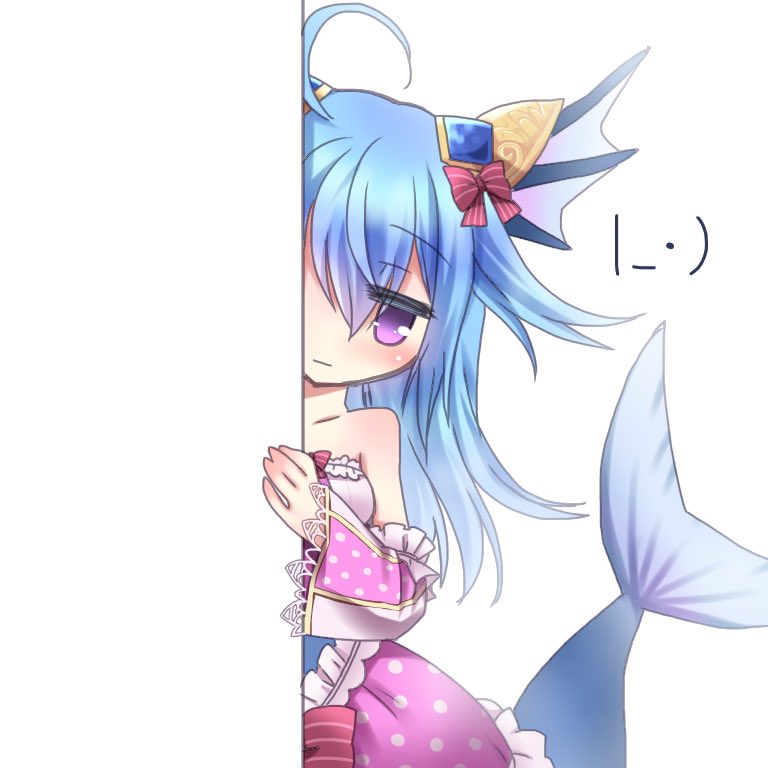 1girl, ahoge, bare_shoulders, blue_hair, detached_sleeves, emil_chronicle_online, fins, frilled_skirt, frilled_sleeves, frilled_tube_top, frills, guillosno6, hair_ornament, hair_ribbon, head_fins, hiding, long_hair, lorelei_lore, mermaid, monster_girl, peeking_out, pink_skirt, pink_tube_top, red_ribbon, ribbon, skirt, solo, strapless, tube_top, violet_eyes, white_background
