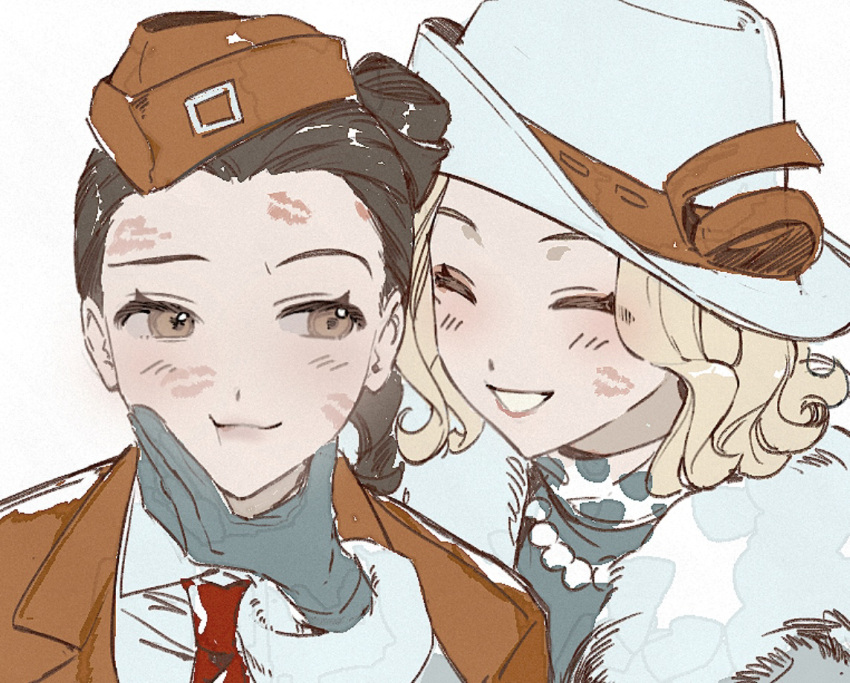 2girls, ^_^, blonde_hair, blue_gloves, blush, braid, brown_eyes, brown_hair