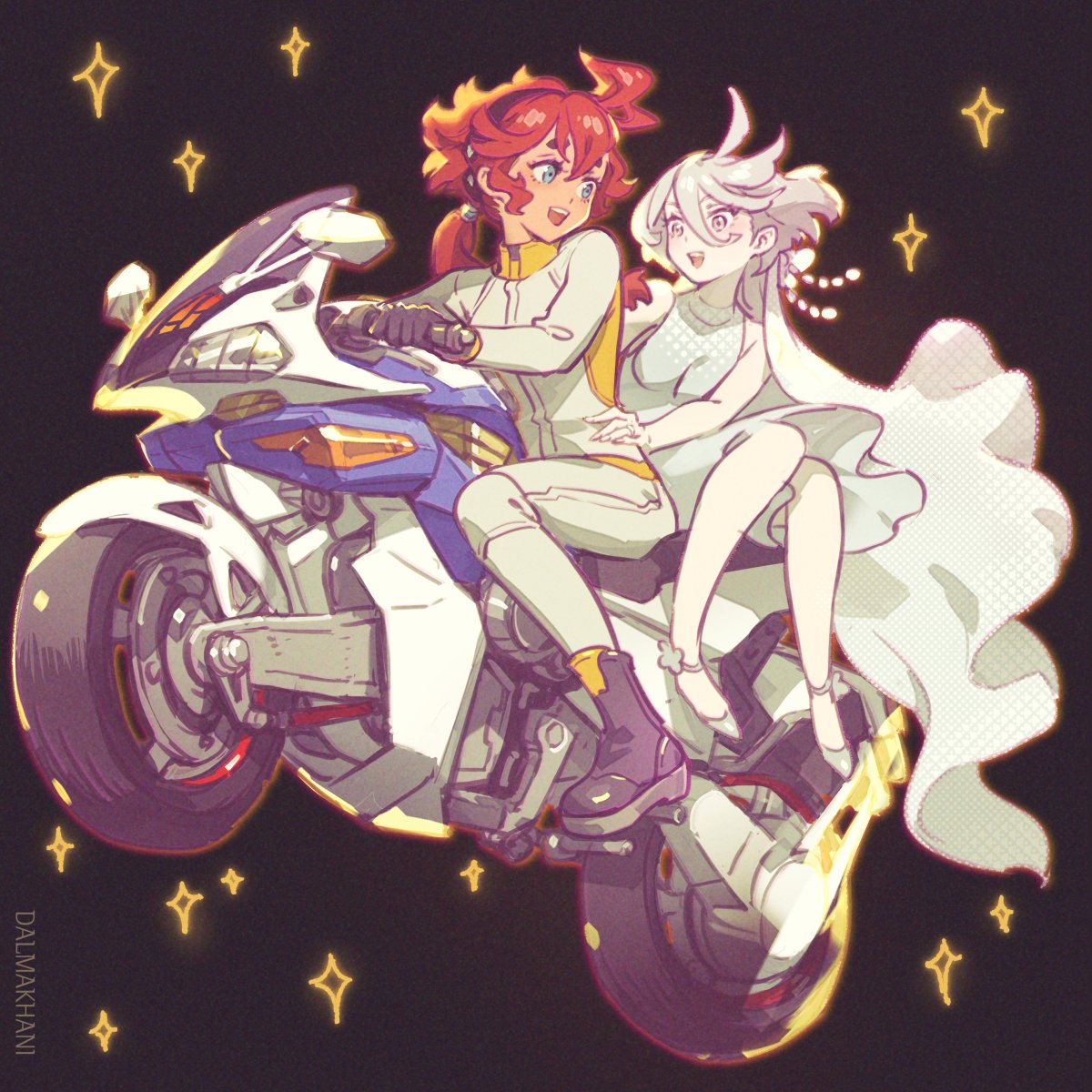 2girls, black_background, black_boots, black_gloves, black_hairband, blue_eyes, boots, commentary_request, dalmakhani3, dress, gloves, gundam, gundam_suisei_no_majo, hairband, high_heels, highres, long_hair, miorine_rembran, motor_vehicle, motorcycle, multiple_girls, open_mouth, ponytail, red_hair, shoes, simple_background, smile, sparkle, suletta_mercury, white_dress, white_hair, white_shoes