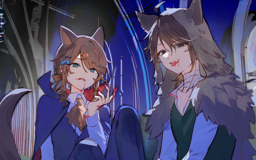 2boys, ahoge, animal_ears, ascot, bandaged_neck, bandages, black_cape, black_pants