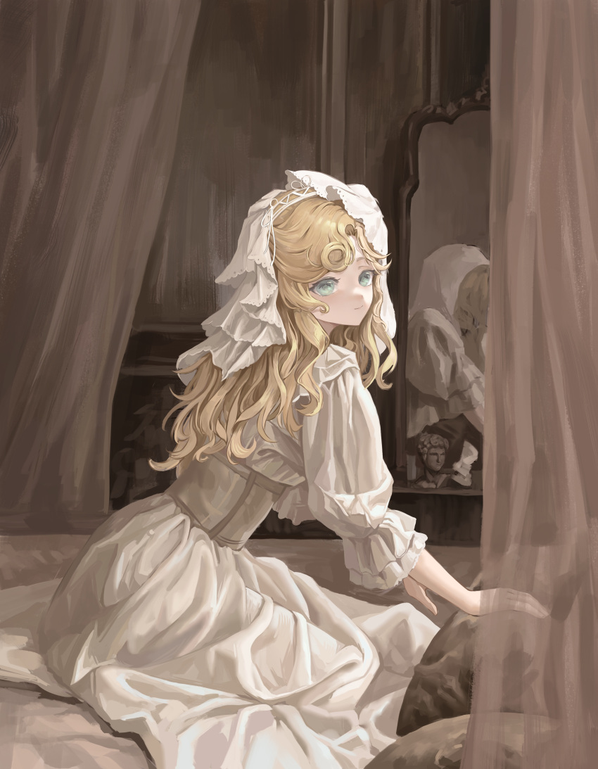 1girl, absurdres, alternate_costume, bbl, blonde_hair, blue_eyes, closed_mouth, curtains