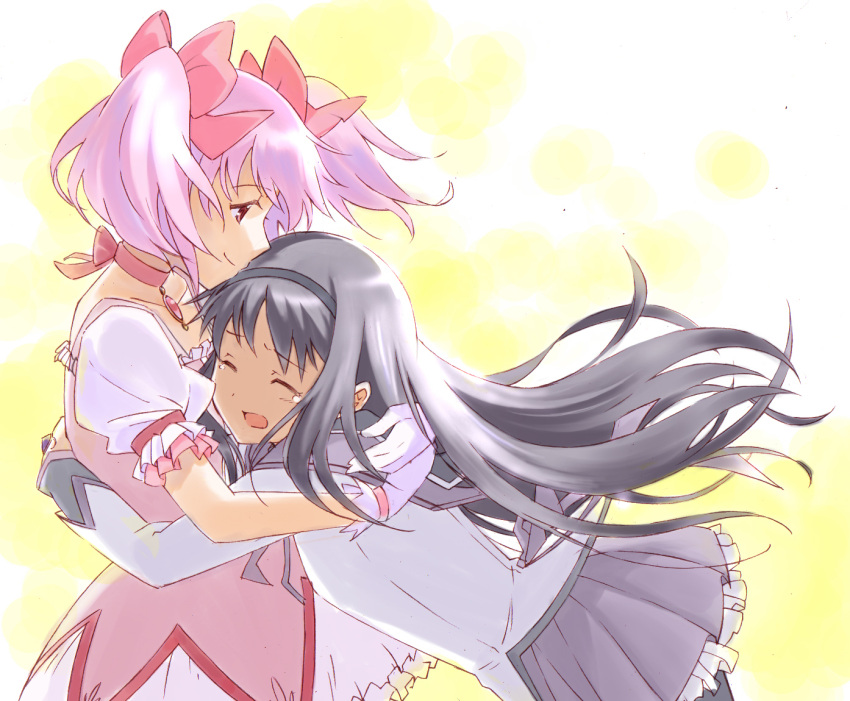 ayukko_(forest_village), black_hair, gloves, hug, kaname_madoka, mahou_shoujo_madoka_magica, pantyhose, piitan_aratame