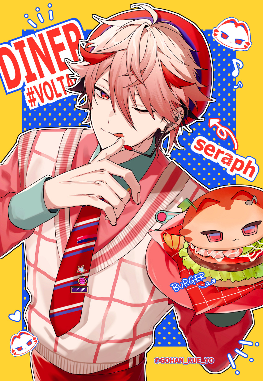 1boy, :q, absurdres, alternate_costume, animal-themed_food, arrow_(symbol), blue_background, blue_necktie