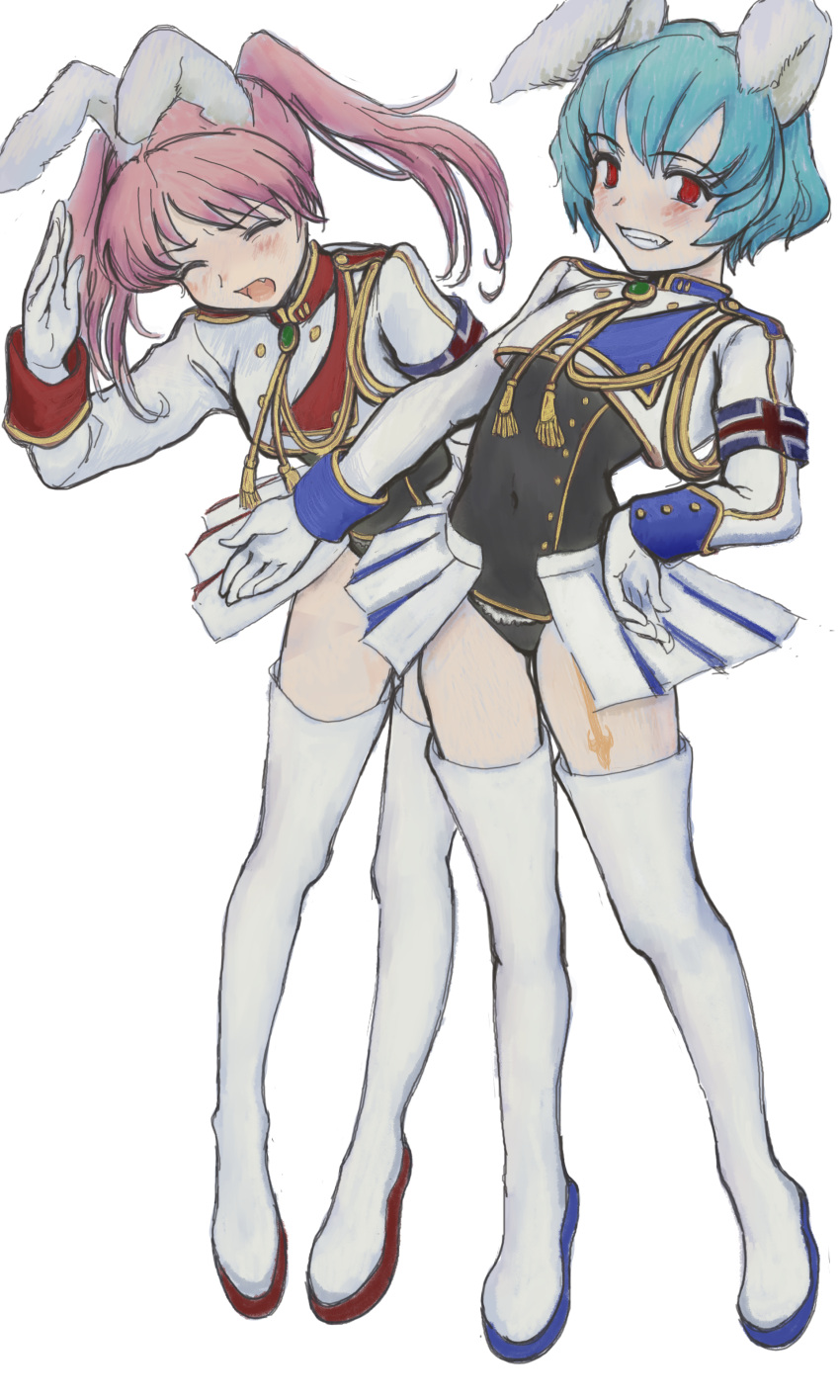 2girls, absurdres, animal_ears, armband, blue_hair, chiester410, chiester45, chiester_sisters