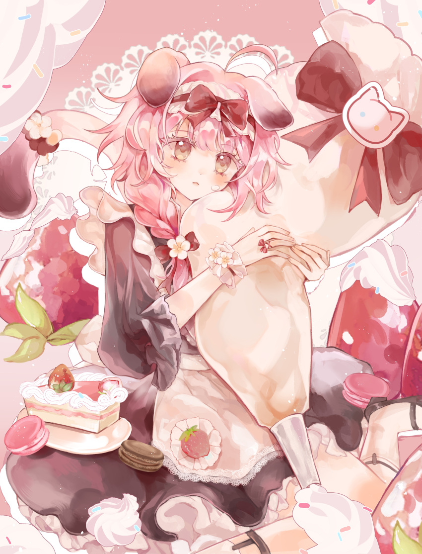 1girl, :<, absurdres, animal_ears, apron, arknights, black_dress, black_shoes