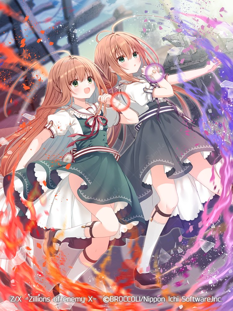 2girls, ahoge, antenna_hair, black_shoes, bracelet, brown_hair, copyright_notice, dress