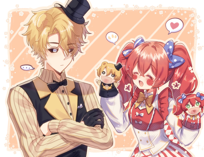 black_gloves, black_sclera, blonde_hair, blush, bow, bowtie, circus_baby_(fnaf), colored_sclera, couple, dress, five_nights_at_freddy's, gloves, golden_freddy, hair_bow, highres, nakamiraa, puppet, red_dress, red_hair, self-upload, shirt, short_twintails, smile, twintails, vest, white_eyes, yellow_shirt