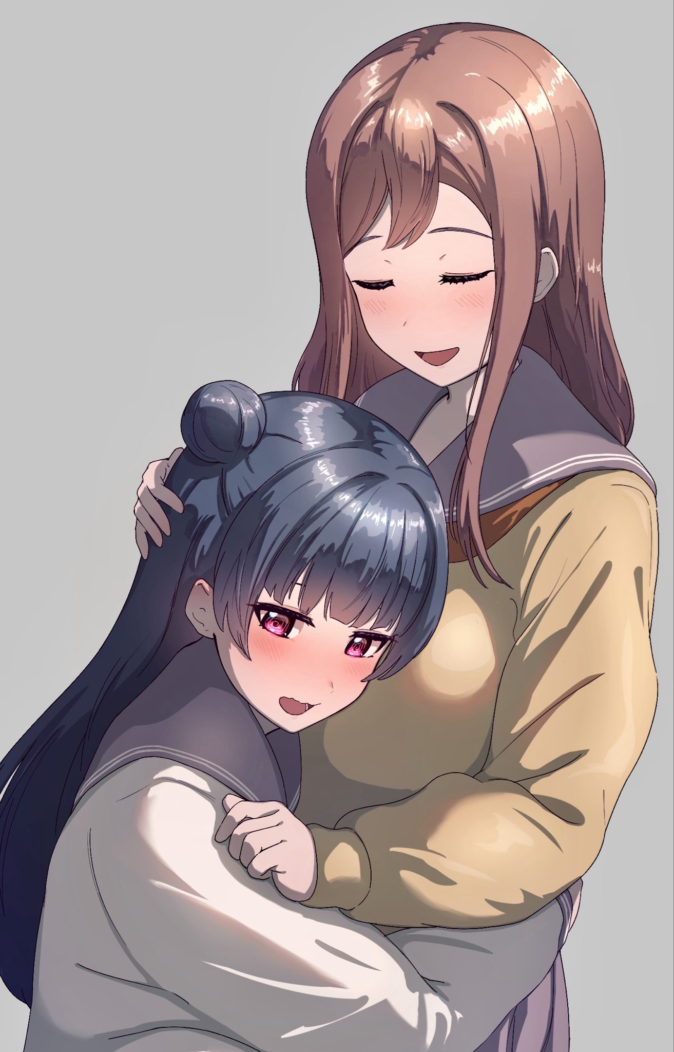 2girls, :d, blue_hair, blush, brown_hair, closed_eyes, closed_mouth, grey_background