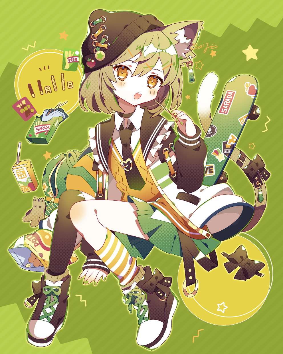 1girl, animal_ear_fluff, animal_ears, asymmetrical_legwear, backpack, bag, bag_of_chips, beanie