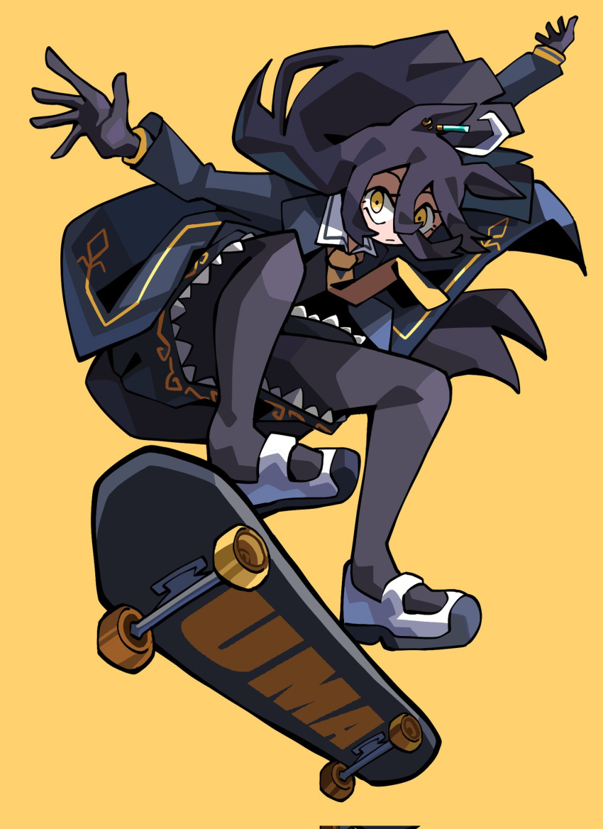 1girl, ahoge, animal_ears, black_coat, black_gloves, black_hair, black_pantyhose, black_shirt