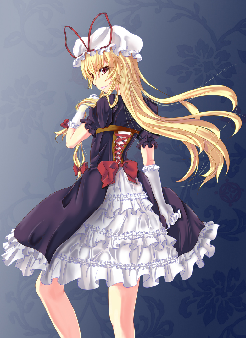 blonde_hair, bow, dress, frills, from_behind, gloves, hat, londe_hair, long_hair, looking_back, oimari, red_eyes, solo, touhou, white_gloves, yakumo_yukari