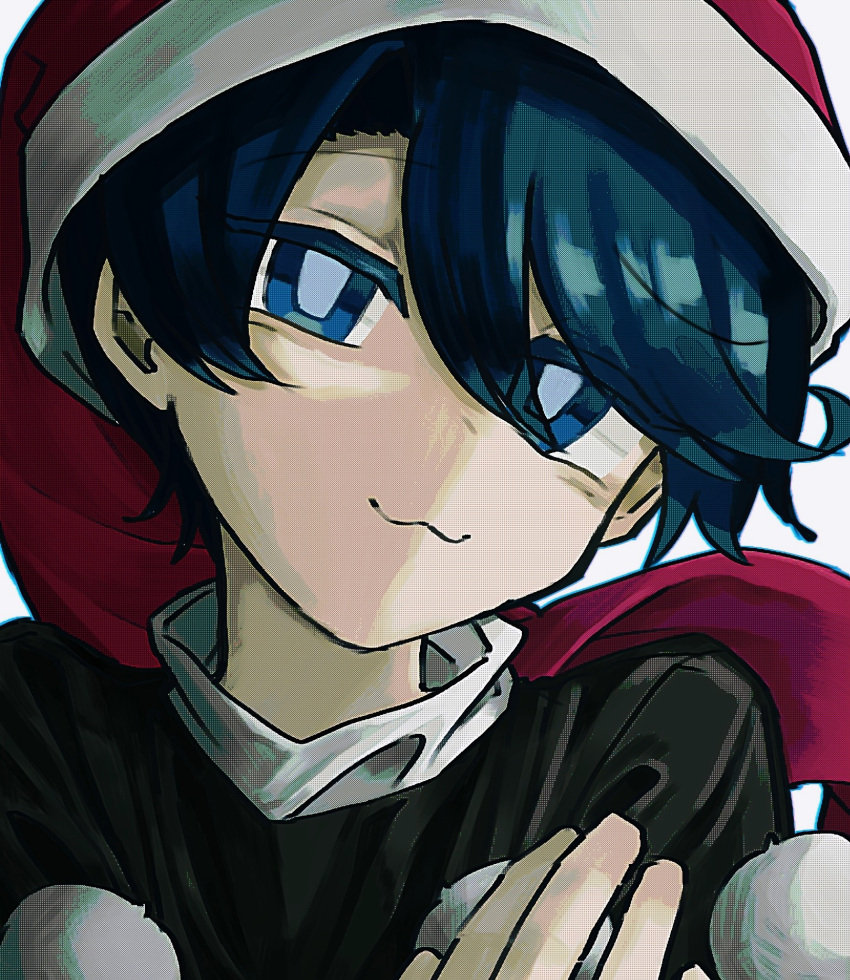 1girl, :3, aonorikani3ba, black_capelet, blue_eyes, blue_hair, capelet, closed_mouth, commentary, doremy_sweet, hair_between_eyes, hand_on_own_shoulder, hat, highres, looking_at_viewer, pom_pom_(clothes), portrait, smile, solo, touhou, white_background