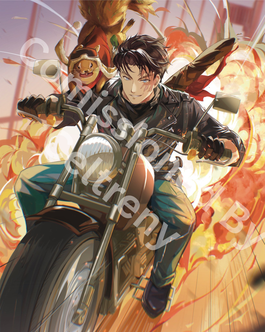 1boy, animal_on_shoulder, black_gloves, black_hair, black_jacket, black_neckerchief, black_shoes, blue_eyes