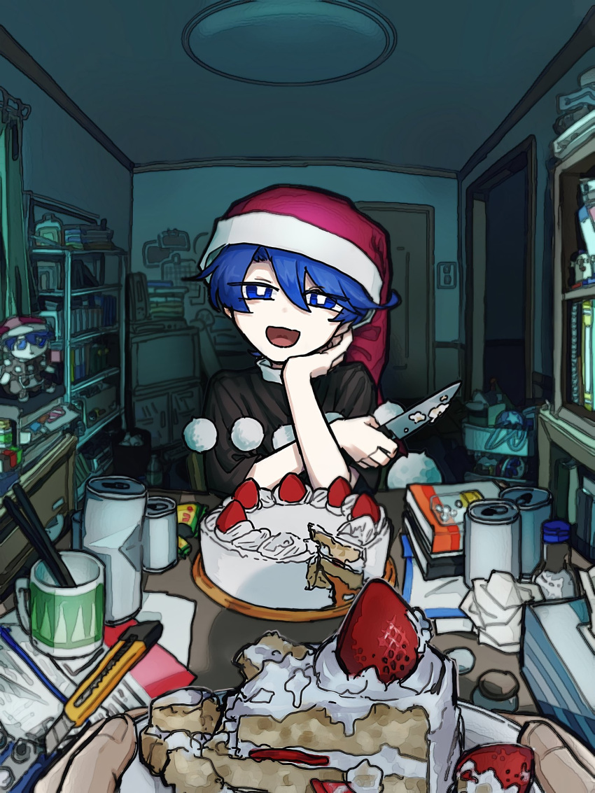 1girl, 1other, aonorikani3ba, black_capelet, blue_eyes, blue_hair, boxcutter, bright_pupils, cake, cake_slice, can, capelet, commentary_request, doremy_sweet, drink_can, food, fruit, fumo_(doll), hat, head_rest, highres, holding, holding_knife, indoors, knife, looking_at_viewer, messy_room, open_mouth, pom_pom_(clothes), smile, strawberry, table, television, touhou, white_pupils