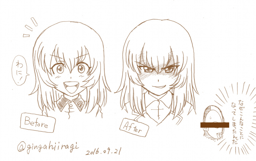 1girl, age_progression, before_and_after, collared_shirt, g-hiiragi, girls_und_panzer, girls_und_panzer_phase_erika, itsumi_erika