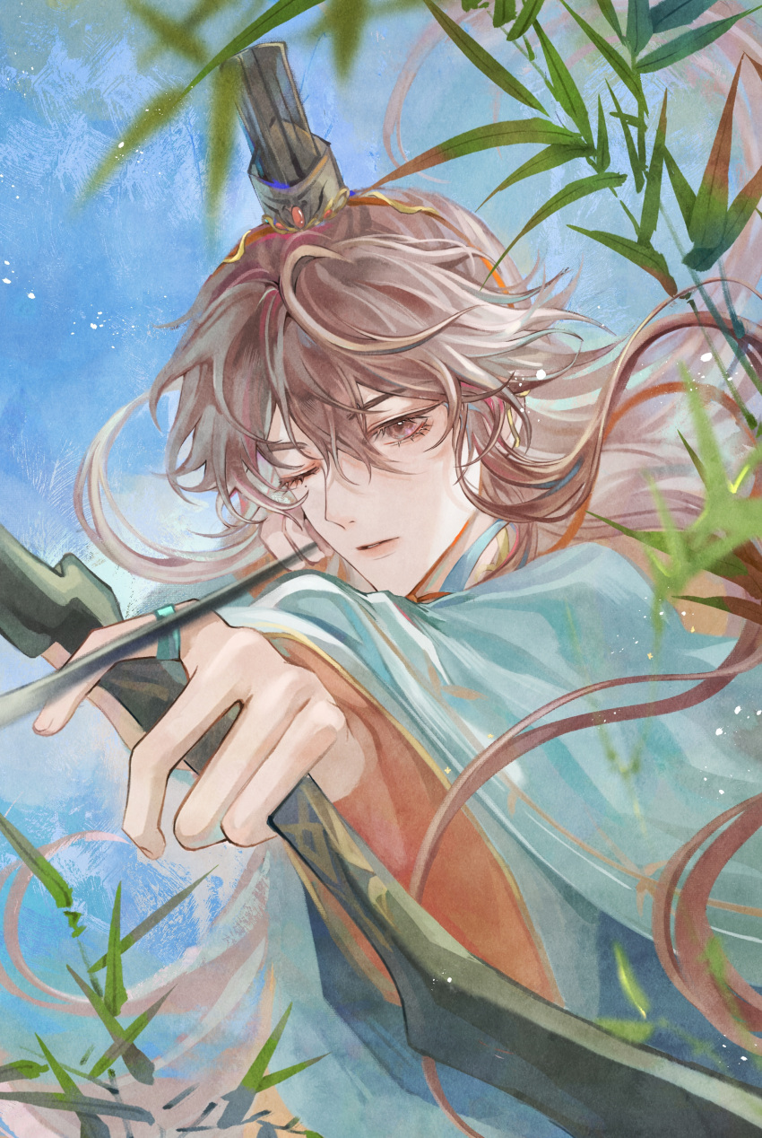 1boy, absurdres, aiming, aqua_hanfu, aqua_robe, bamboo, bow_(weapon), brown_eyes