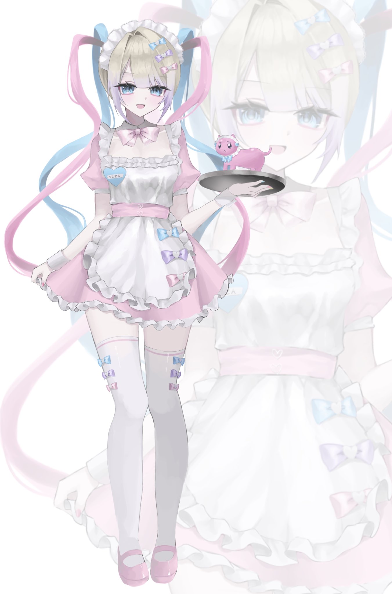 1girl, :d, apron, blonde_hair, blue_eyes, blue_hair, blunt_bangs, bow, bowtie, chouzetsusaikawa_tenshi-chan, colored_tips, dress, full_body, hair_bow, highres, himexuime, holding, holding_plate, looking_at_viewer, maid, maid_apron, maid_headdress, multicolored_hair, multiple_hair_bows, needy_girl_overdose, pien_cat_(needy_girl_overdose), pigeon-toed, pink_dress, pink_hair, plate, quad_tails, sandals, sidelocks, smile, thigh-highs, tray, white_thighhighs, wrist_cuffs, zettai_ryouiki, zoom_layer