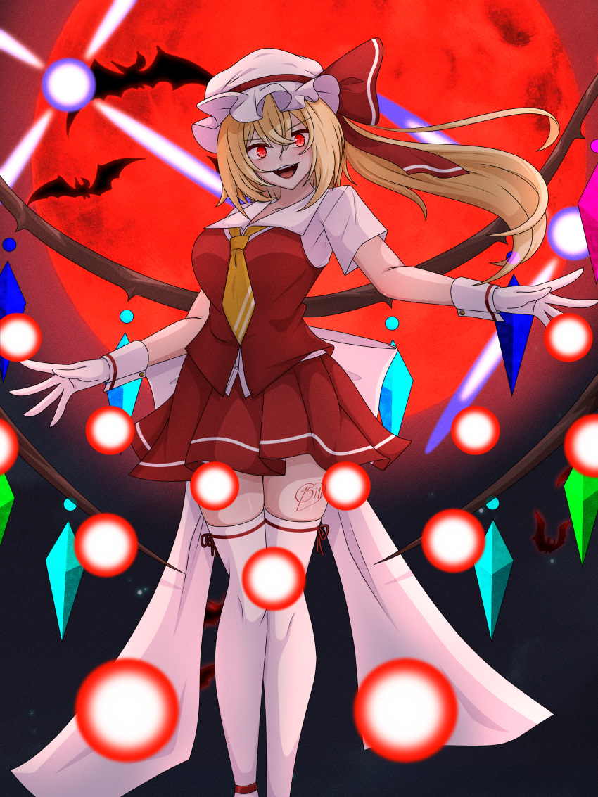 1girl, absurdres, aged_up, ascot, bat_(animal), blonde_hair, breasts, crystal, crystal_wings, danmaku, flandre_scarlet, full_moon, gloves, hat, highres, laevatein_(touhou), long_hair, looking_at_viewer, medium_breasts, mob_cap, moon, night, night_sky, open_mouth, otozato_yomi, puffy_short_sleeves, puffy_sleeves, red_eyes, red_moon, red_skirt, red_vest, ribbon, shirt, short_sleeves, side_ponytail, skirt, skirt_set, sky, smile, solo, thigh-highs, thighs, touhou, vest, white_gloves, wings, wrist_cuffs, yellow_ascot, zettai_ryouiki
