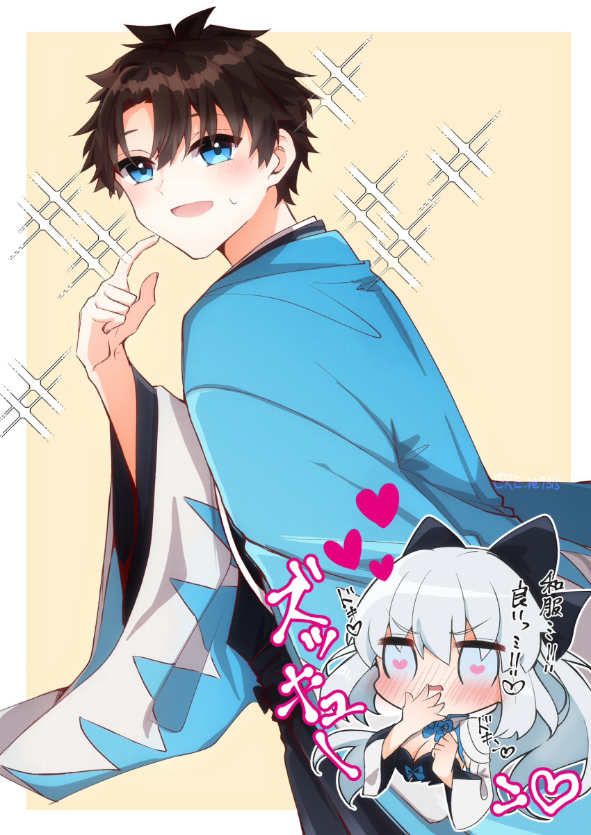 1boy, 1girl, black_bow, black_hair, blue_eyes, blush, bow, braid