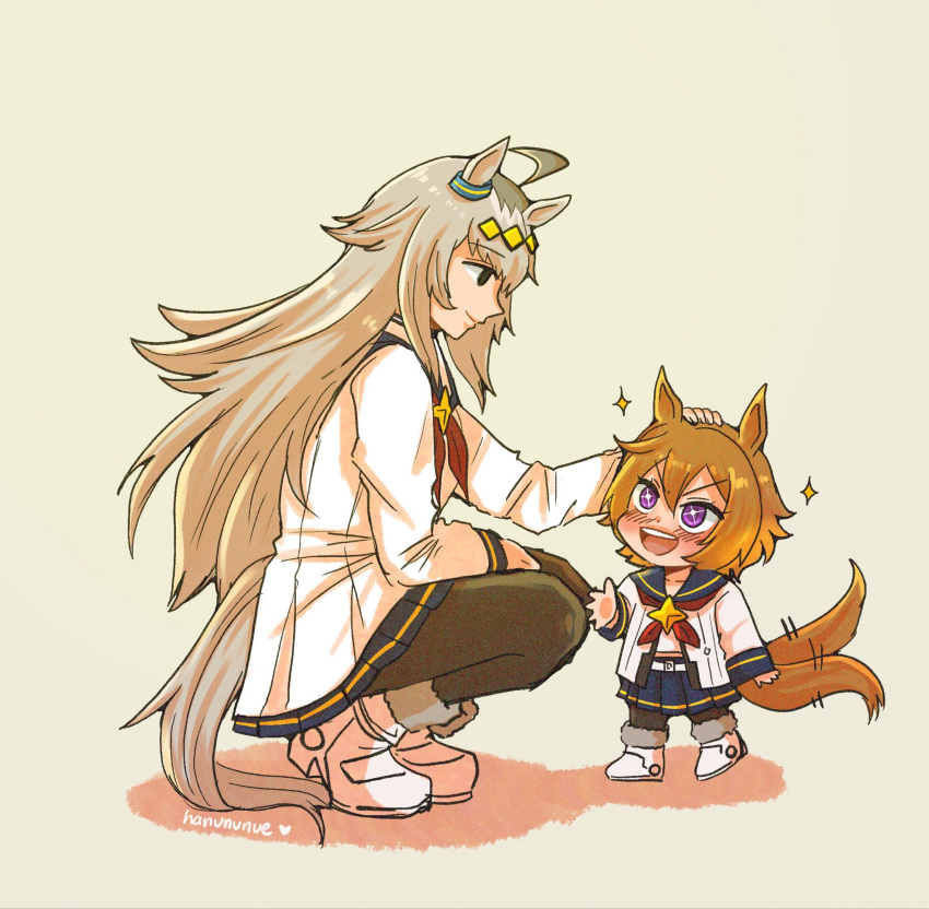 +_+, 2girls, ahoge, animal_ears, blue_eyes, blue_sailor_collar, blue_skirt, blush, boots, brooch, closed_mouth, cosplay, ear_ornament, grey_hair, grey_tail, hair_between_eyes, hair_ornament, hairband, hanununue, headpat, highres, horse_ears, horse_girl, horse_tail, jacket, jewelry, long_hair, long_sleeves, multicolored_hair, multiple_girls, neckerchief, oguri_cap_(starlight_beat)_(umamusume), oguri_cap_(umamusume), oguri_cap_(umamusume)_(cosplay), open_mouth, orange_hair, orange_tail, pantyhose, red_neckerchief, sailor_collar, shirt, shoes, short_hair, simple_background, skirt, smile, squatting, star_(symbol), star_brooch, t.m._opera_o_(umamusume), tail, tail_wagging, umamusume, umamusume:_cinderella_gray, violet_eyes, white_boots, white_jacket, white_shirt