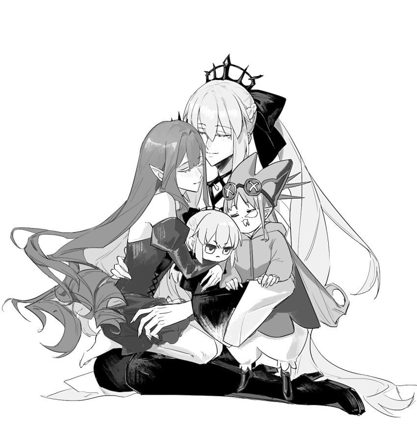 3girls, aoku_mire, baobhan_sith_(fate), baobhan_sith_(first_ascension)_(fate), black_bow, black_tiara, bow, braid