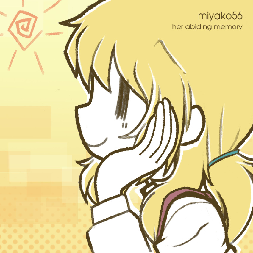 1girl, absurdres, album_cover_redraw, blonde_hair, closed_mouth, derivative_work, english_text, from_side, hidamari_sketch, highres, miyako_(hidamari_sketch), neppyseagull, outline, pitcher56, profile, school_uniform, smile, solo, upper_body, white_outline, yamabuki_high_school_uniform, yellow_background