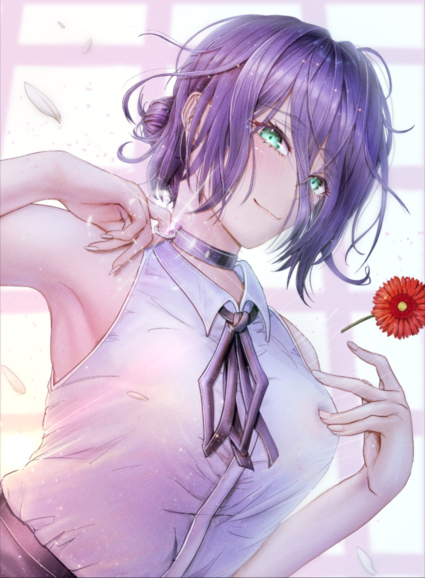 1girl, armpits, black_choker, chainsaw_man, choker, closed_mouth, collared_shirt, commander_kei