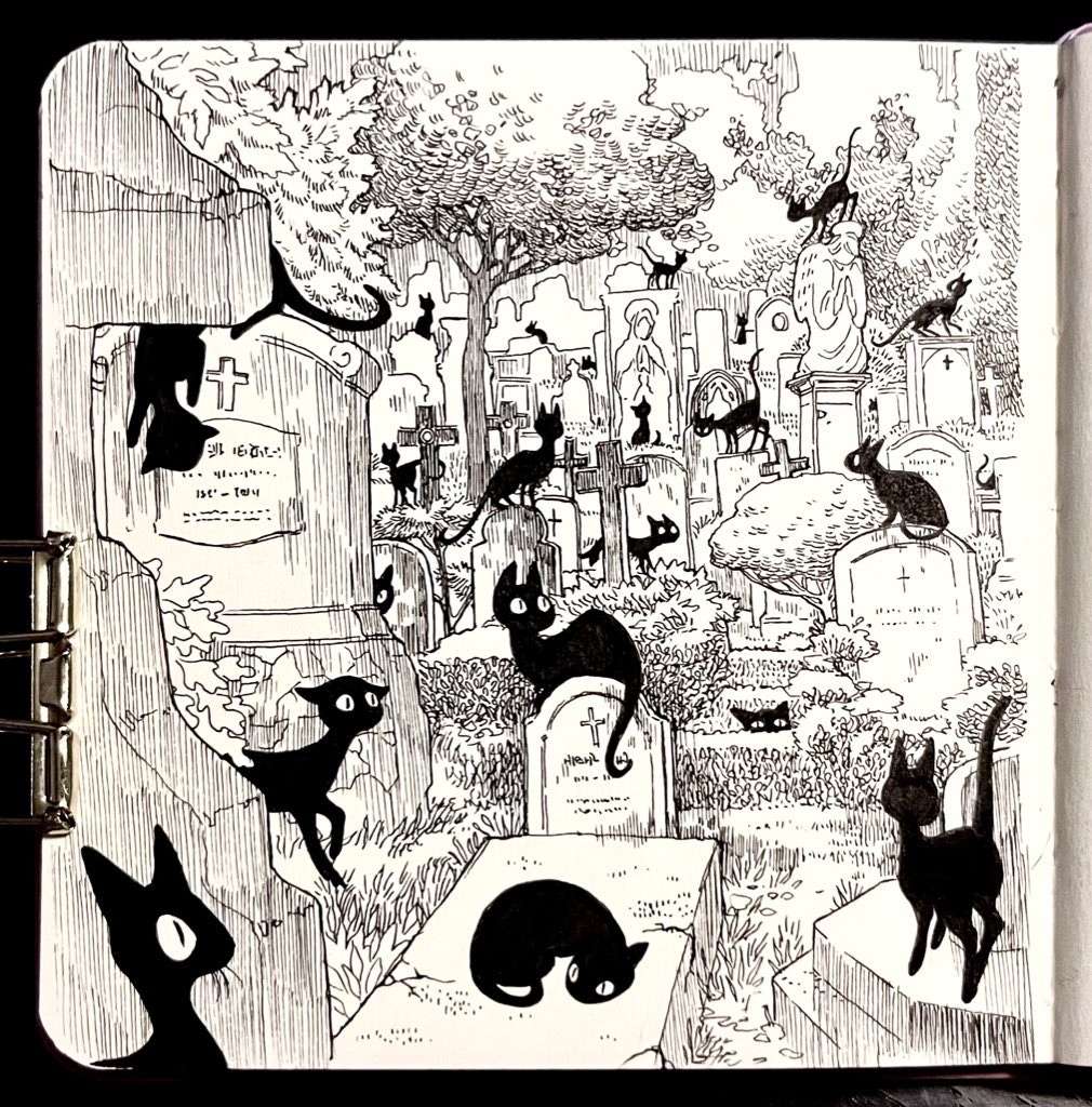 angel, animal, animal_focus, black_cat, cat, commentary, cross, ears_back