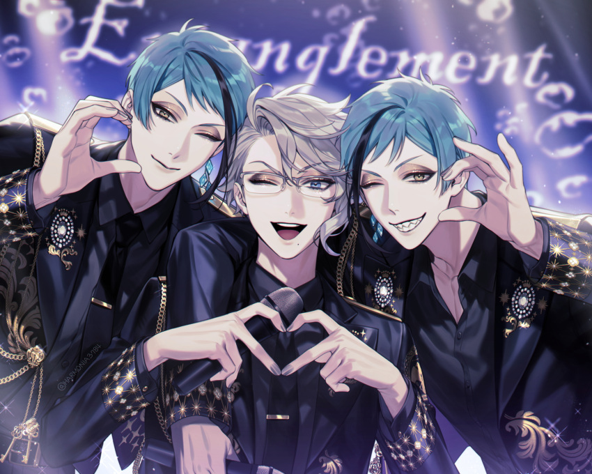 3boys, amandasu, azul_ashengrotto, black_hair, blue_eyes, blue_hair, brothers, closed_mouth